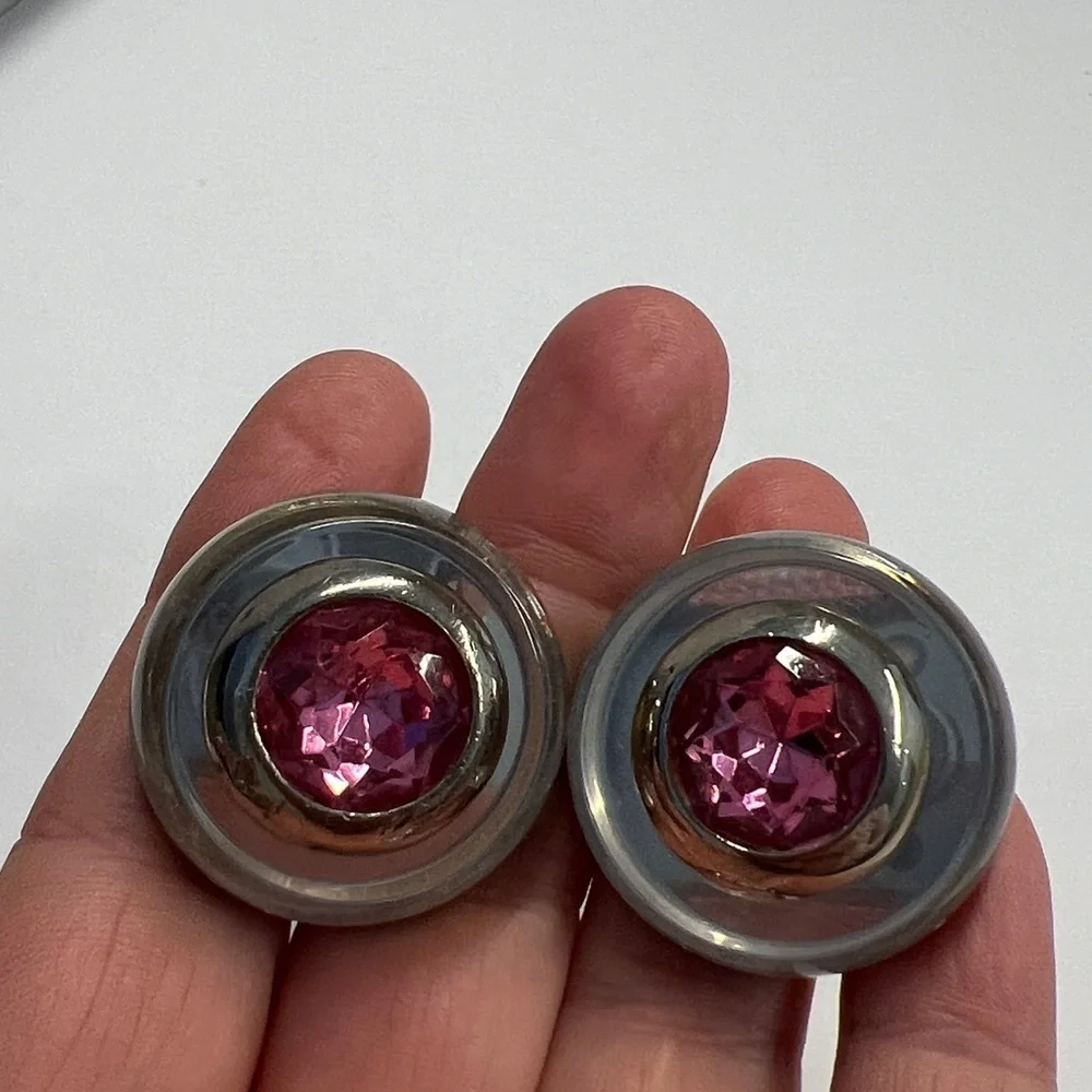 Diva Vintage Clear Lucite Pink Tourmaline Stone Silverplate Bezel Clip Earrings